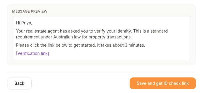 Review and send screen, with the Save and get ID check link button