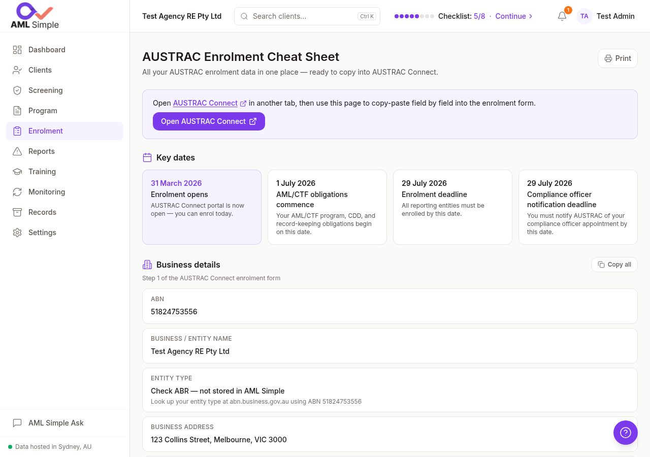 The AML Simple AUSTRAC Enrolment Cheat Sheet showing pre-filled business details, key dates, and designated services ready to copy into AUSTRAC Connect